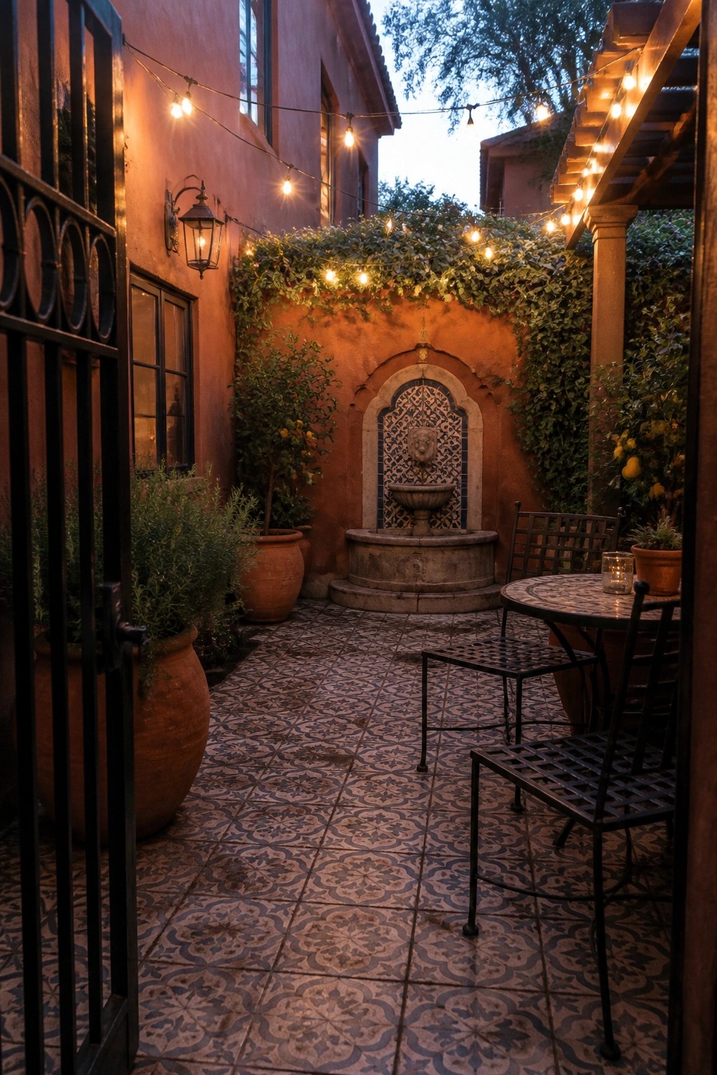 A small courtyard enclosed by terracotta stucco walls features a central stone fountain, patterned tile floor, black metal table and chairs, string lights, and potted citrus trees.