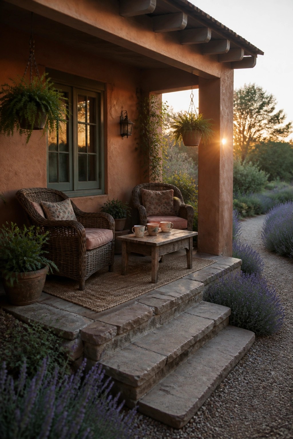 A covered porch on a terracotta stucco house features two wicker armchairs with cushions, a wooden coffee table with mugs, stone steps, and hanging plants at sunset.