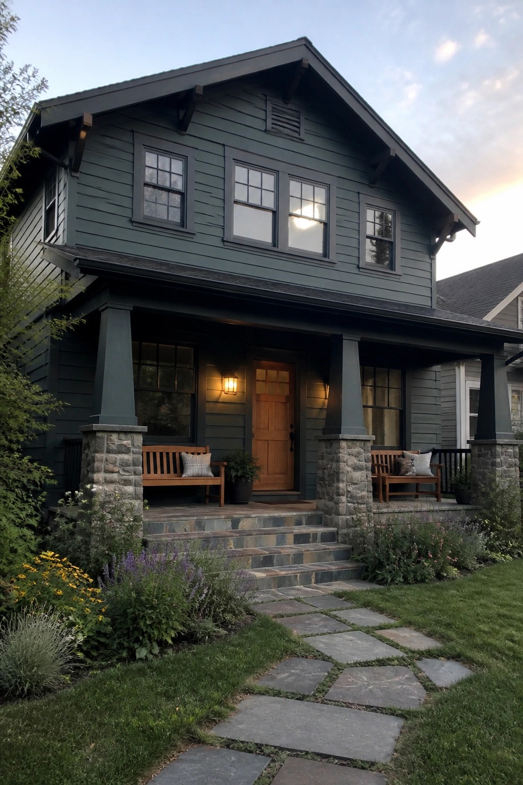 Dark green two-story house with stone porch pillars, benches, and pathway.