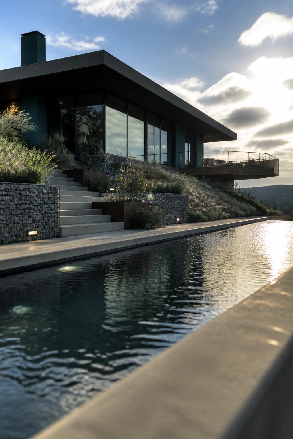 A modern dark teal house with large black-framed windows overlooks a long rectangular pool on a hillside.