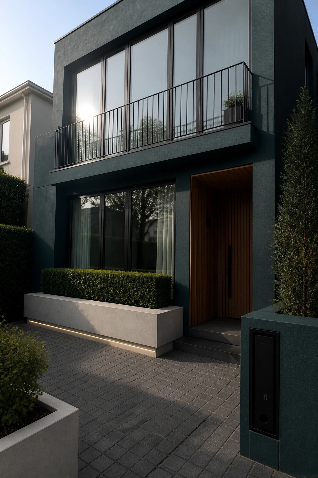 A two-story modern house with dark teal stucco walls, large matte black windows, a second-floor balcony with black railing, and a vertical wood front door.