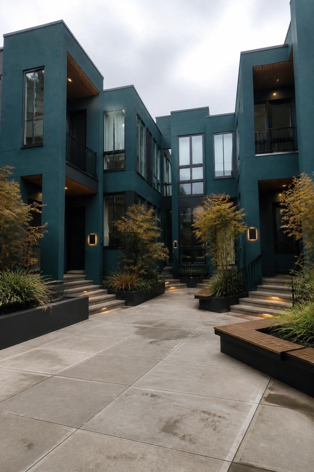 Modern multi-story building with dark teal exterior walls, black-framed windows, and a paved courtyard with small trees and stairs.