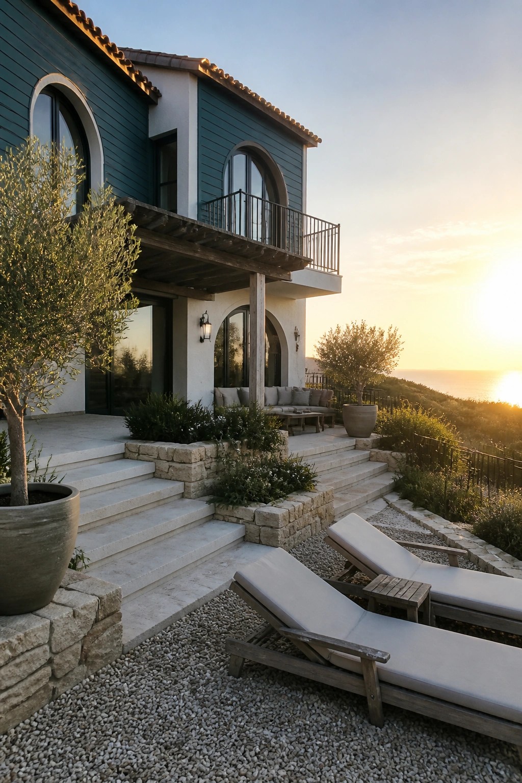 Teal Mediterranean villa with arched windows, stone patio, lounge chairs, and ocean sunset view