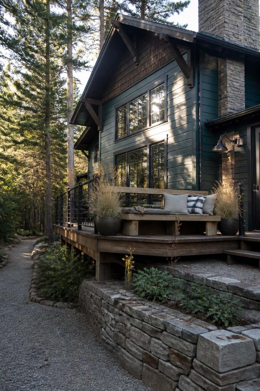 A two-story house with dark teal wood siding, matte black window frames, a wooden deck, and a stone chimney set among tall evergreen trees.