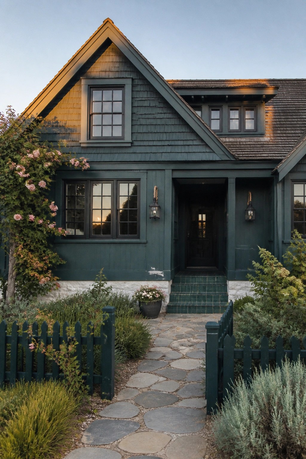 A dark teal house exterior with matte black windows, a gabled roof, a central front door with green tile steps, and a stone pathway leading to the entrance.