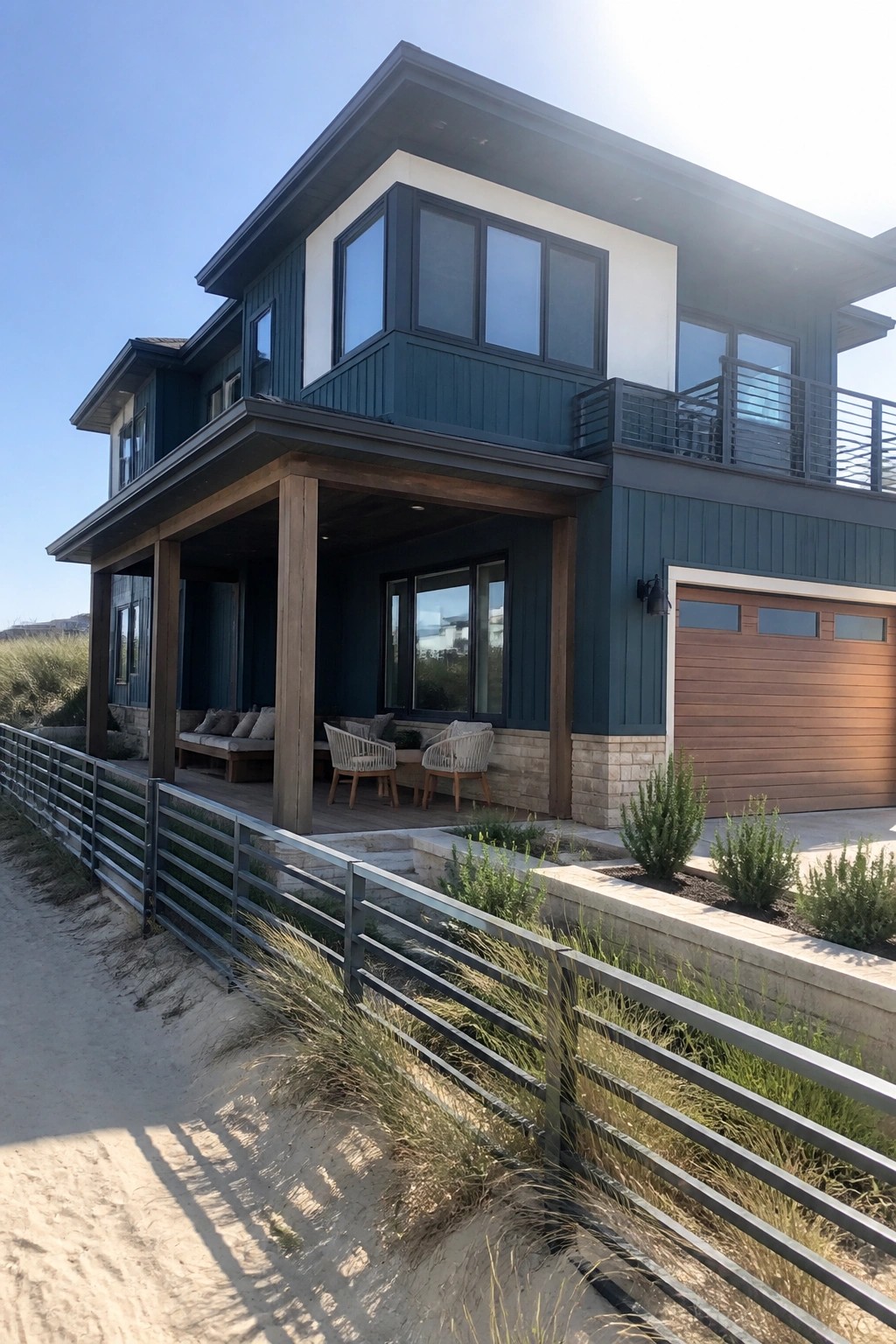 A two-story house with dark teal siding, matte black windows, a covered porch with seating, and a wooden garage door, viewed from a sandy path.