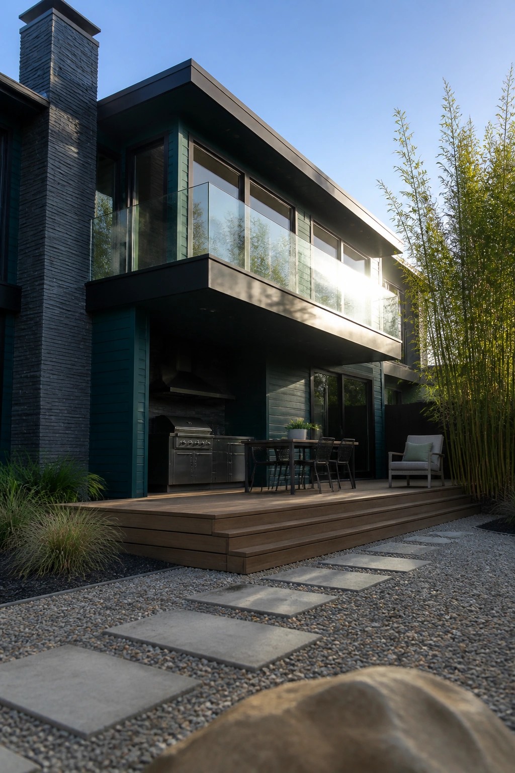 Modern house with dark teal siding, wooden deck, outdoor kitchen, and bamboo plants.