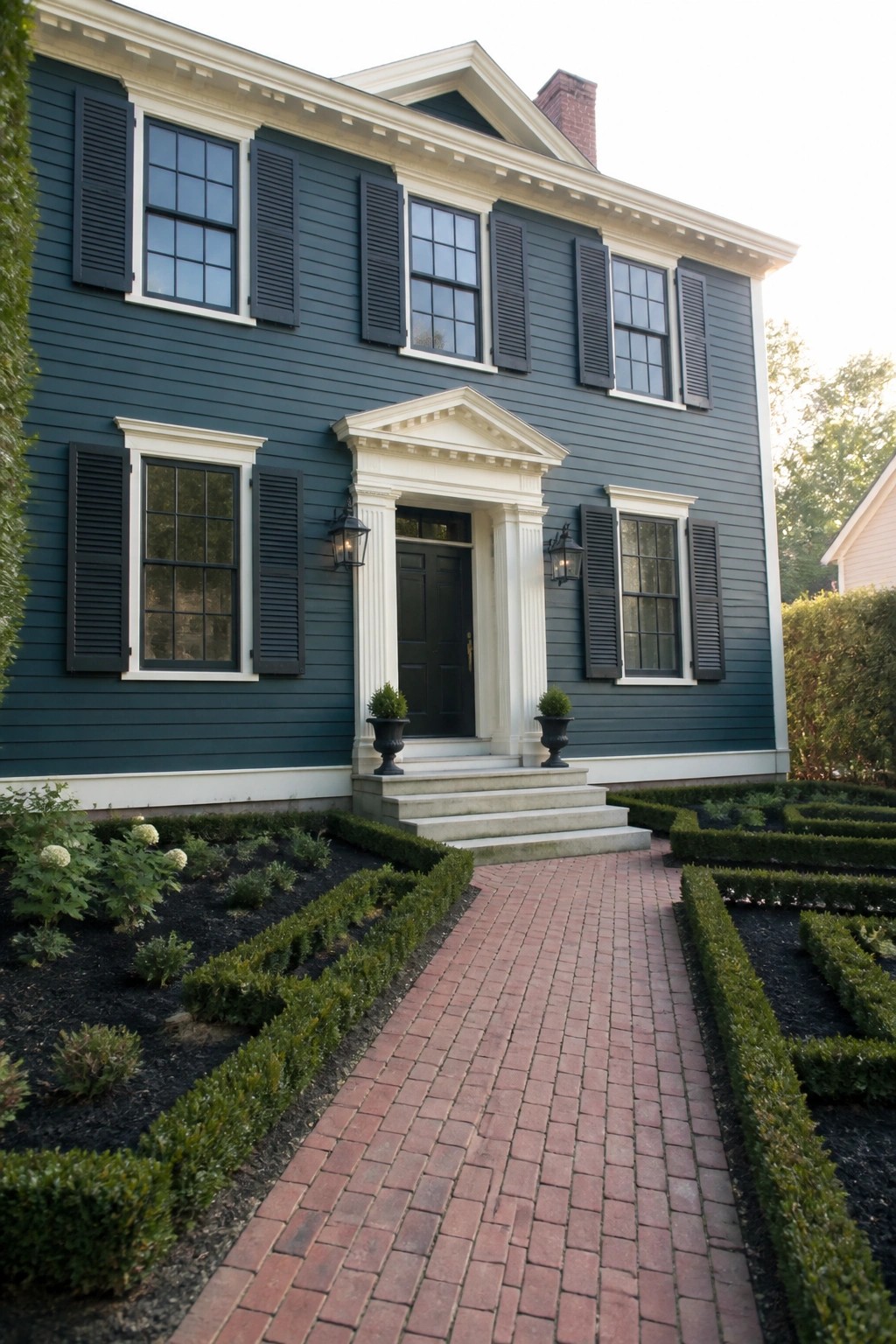A two-story house with dark teal siding, black shutters, white trim, and a white columned entry porch above brick steps.