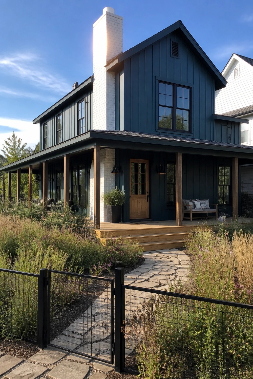A two-story house with dark teal siding, white brick chimney, matte black windows, and a wooden front porch with stone steps.