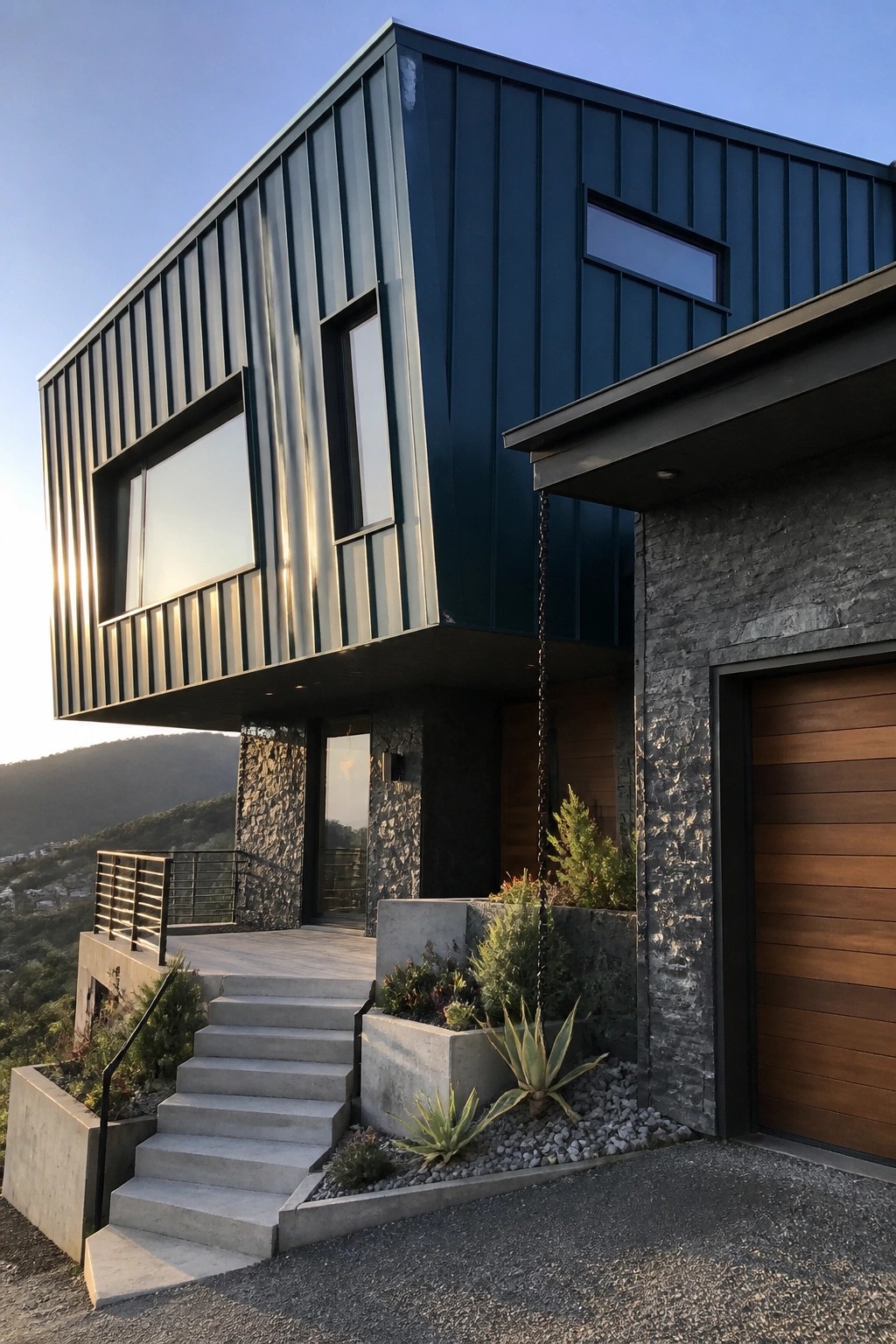 Modern dark metal house with stone walls, large windows, concrete steps, and hillside view.