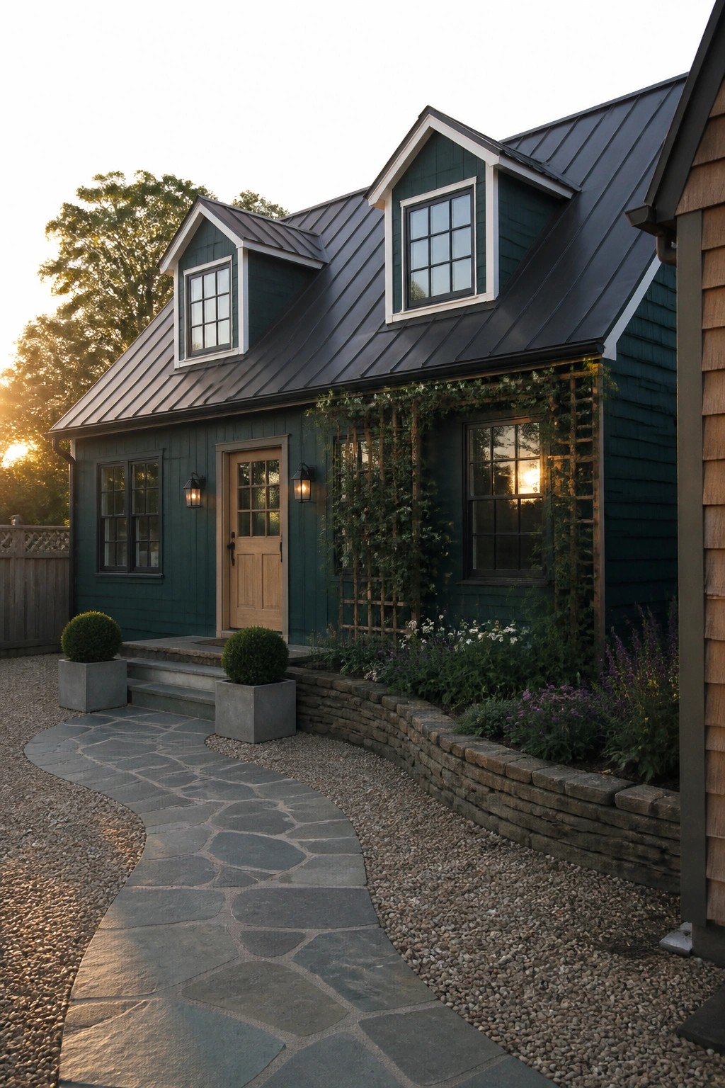 Dark green house with black roof, wooden door, and curving stone path at sunset.