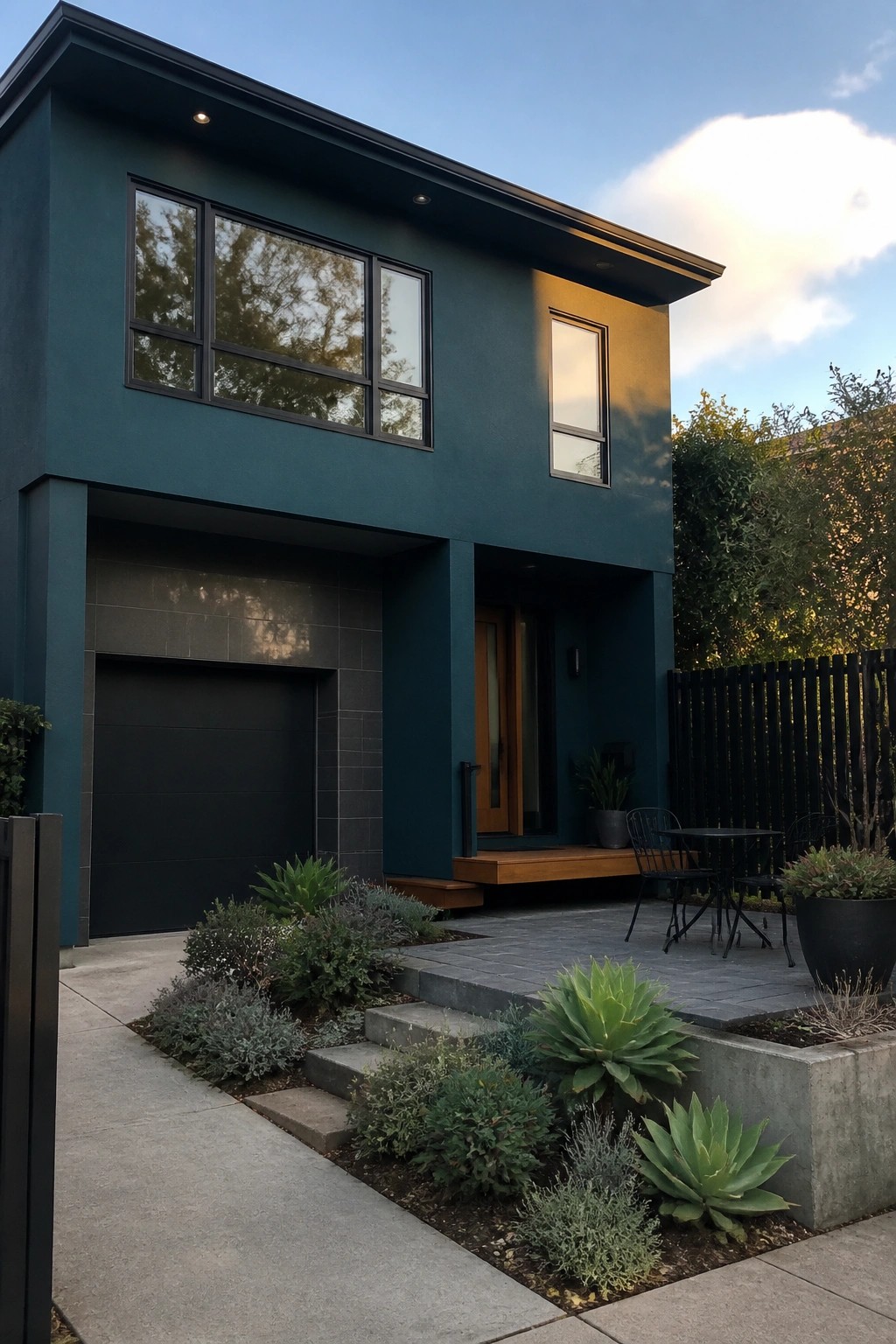 A two-story modern house painted dark teal with matte black windows, a black garage door, and a concrete entry patio with steps and potted plants.