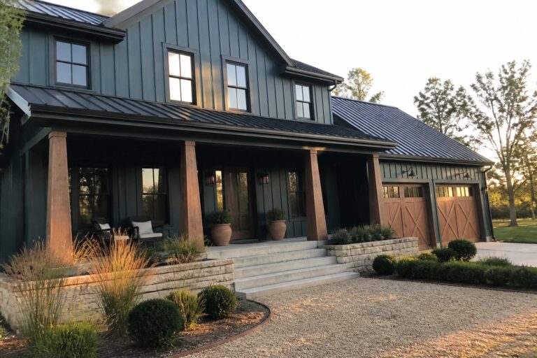 A two-story house with dark teal vertical siding, matte black window frames and trim, a wooden garage door, and a covered porch supported by wooden columns on stone bases.