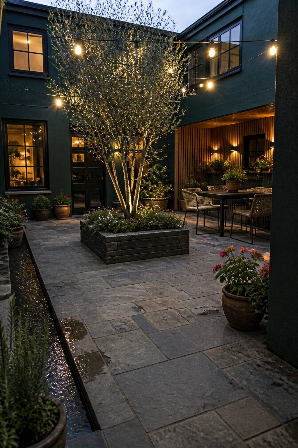 A dark teal courtyard at dusk with matte black windows, a central raised planter holding a tree, string lights overhead, and an outdoor dining table with woven chairs on stone pavers.