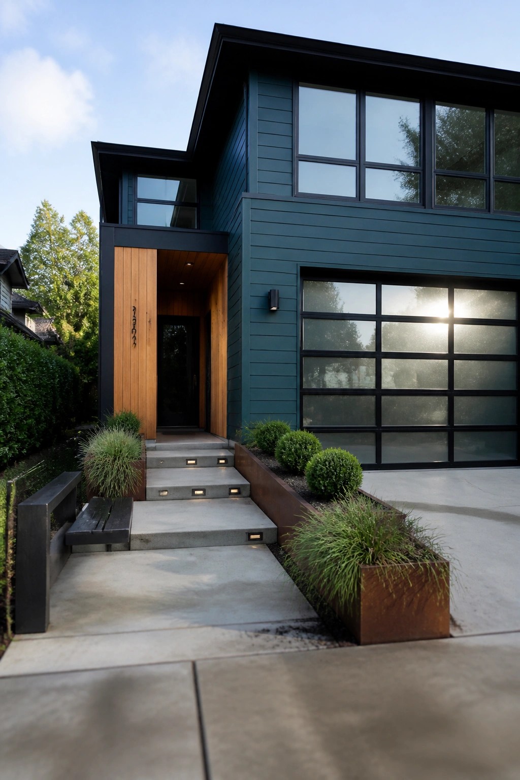 Modern teal house with wood entry, black windows, glass garage, and metal planters.