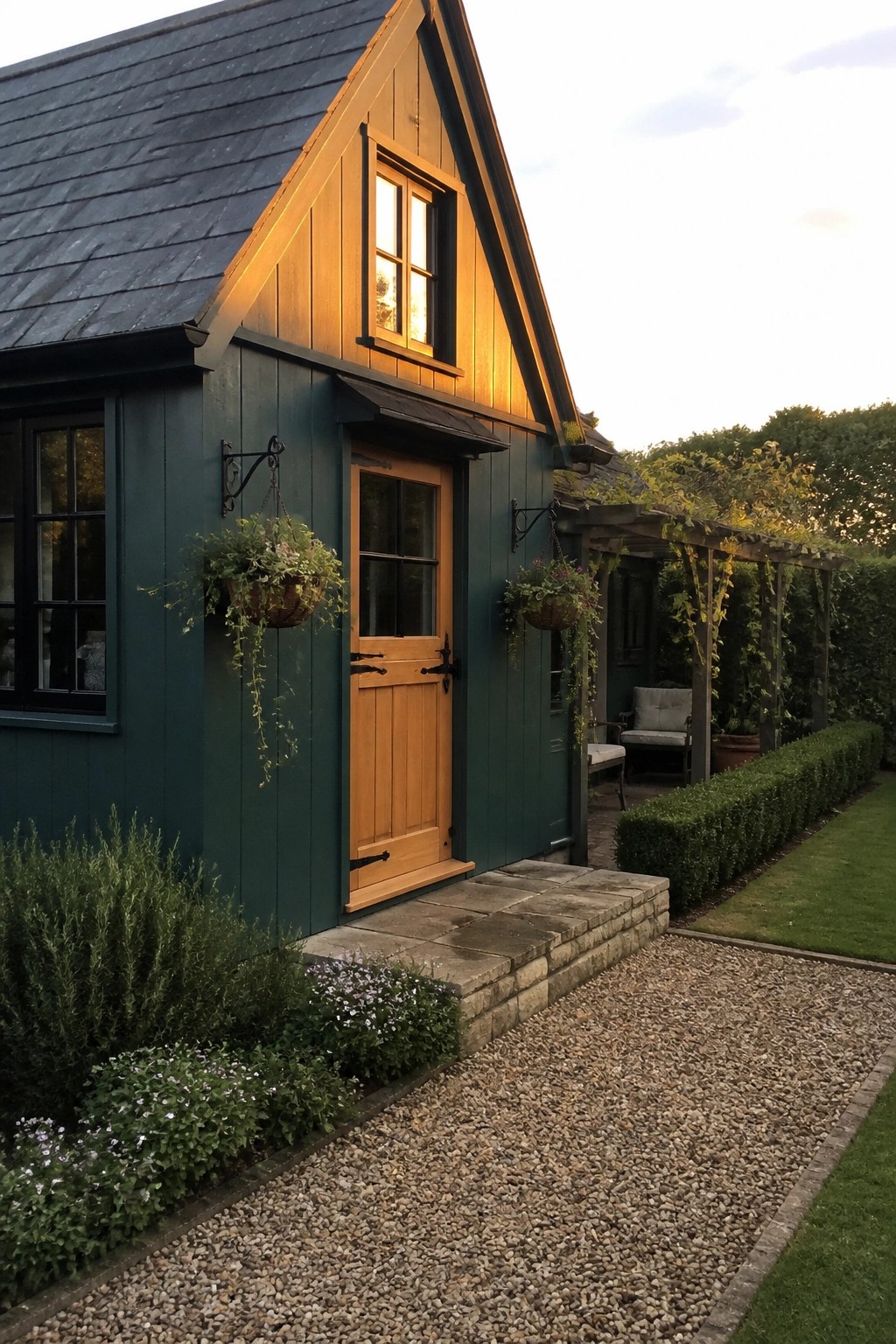 A dark teal house with a light wood front door, black window frames, hanging plant baskets, and a gravel path leading to stone steps.