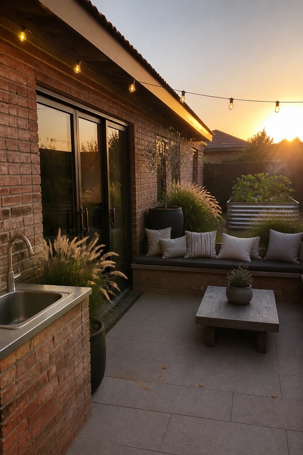 Brick patio at sunset with sink, cushioned bench, wooden table, plants and string lights
