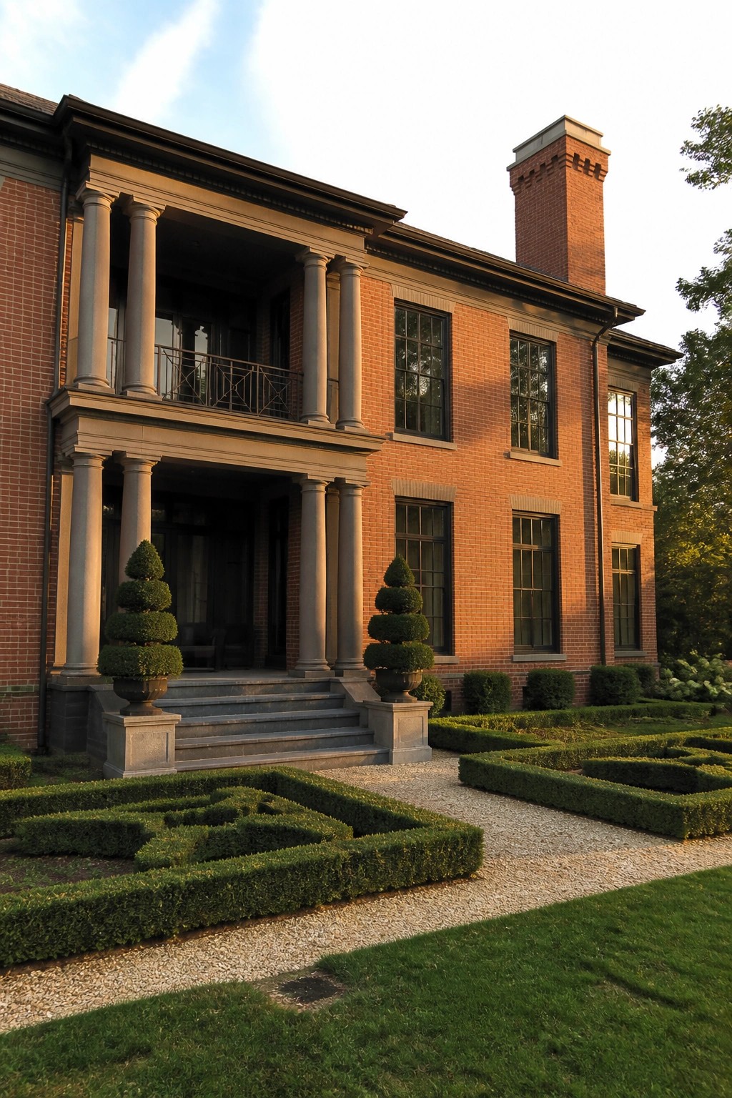 Red brick mansion with classical columns and formal geometric hedge garden.