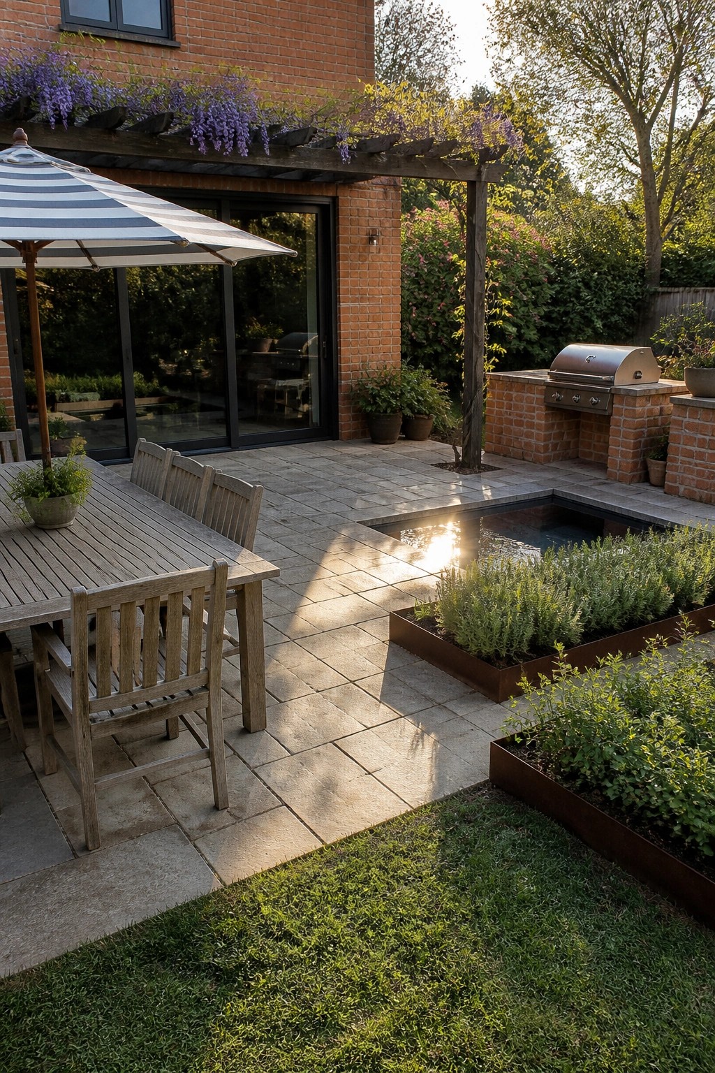 Stone patio with wooden table, chairs, umbrella, pool, planters and brick grill
