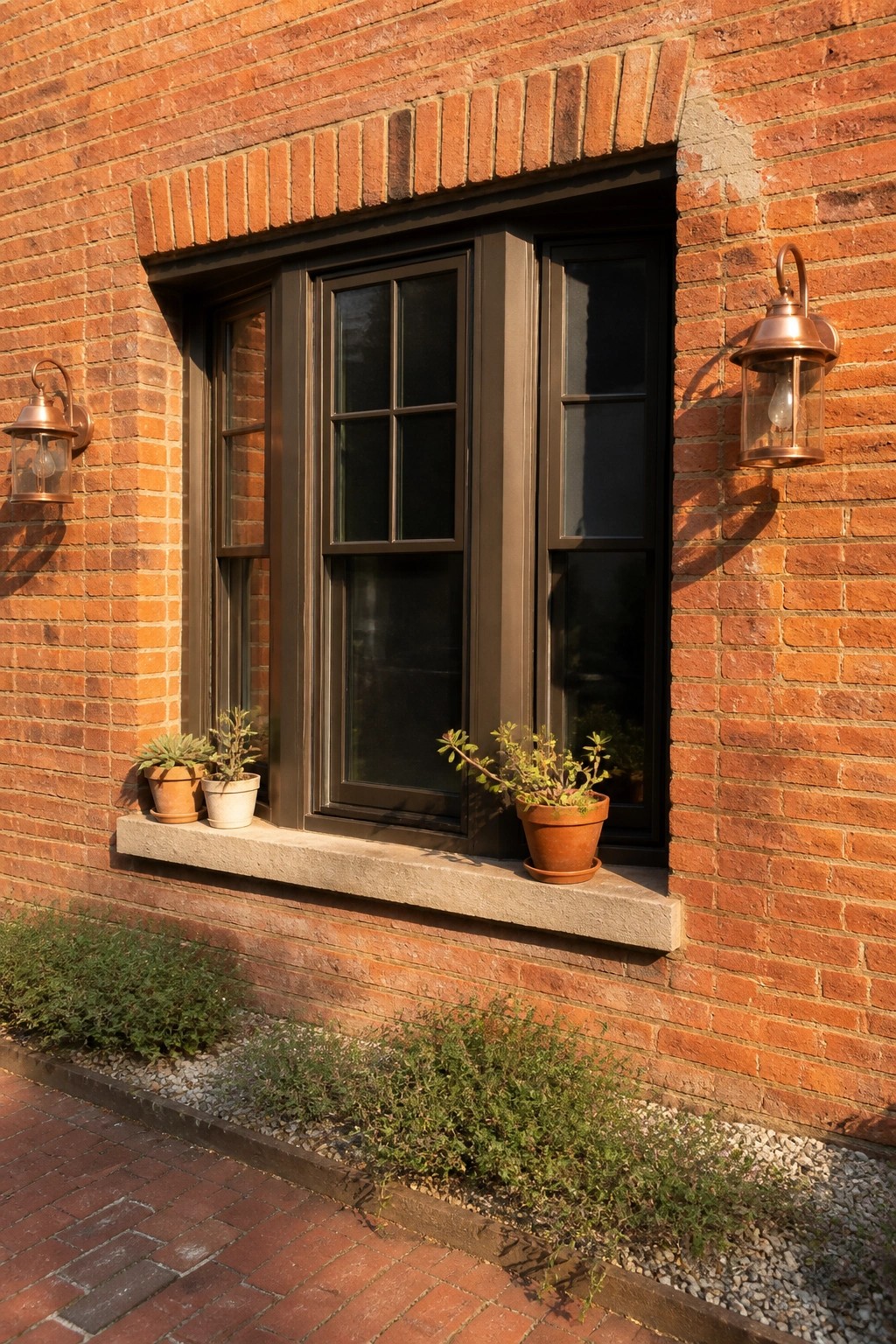 Orange brick exterior with dark bronze framed windows, copper lanterns mounted on either side, and potted plants along the stone windowsill.