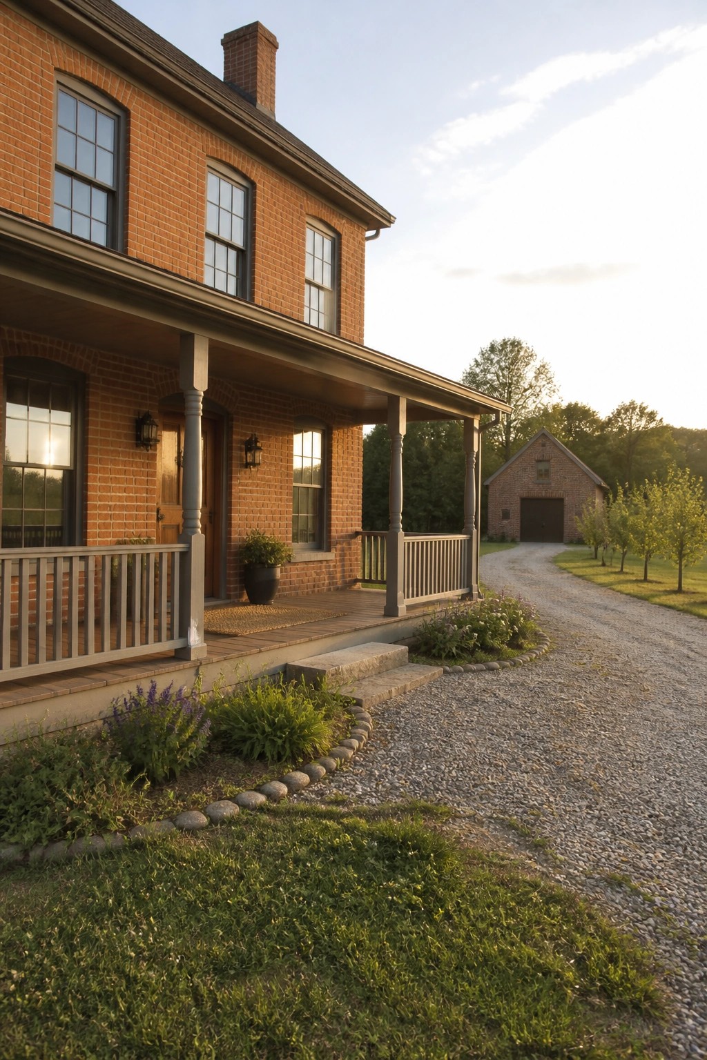 A two-story orange brick house with dark framed windows, a gray porch, and a gravel driveway leading to a brick outbuilding.