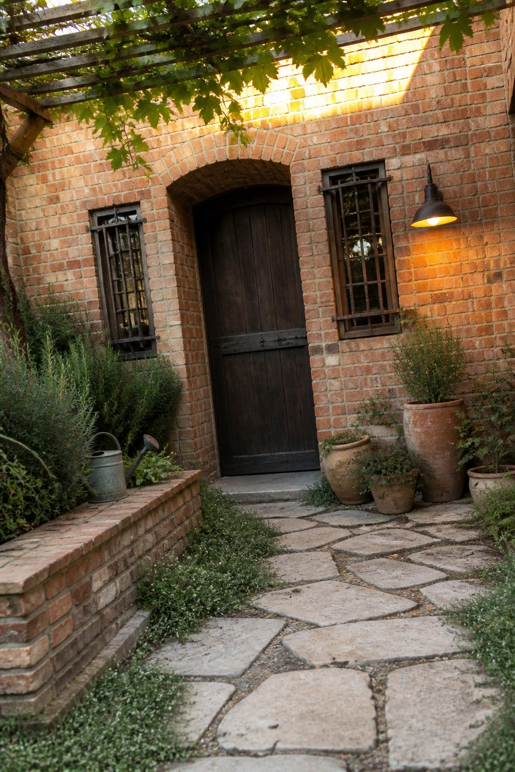 A front view of an orange brick house exterior showing an arched dark wooden door, two dark-framed windows with metal grilles, terracotta pots with plants, and a stone pathway leading to the entrance.
