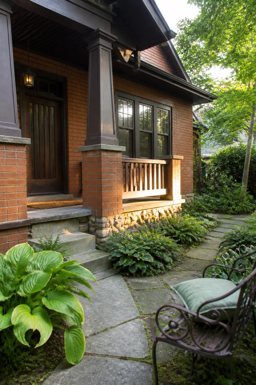 Brick house porch with stone path, steps, lush plants, and metal chair