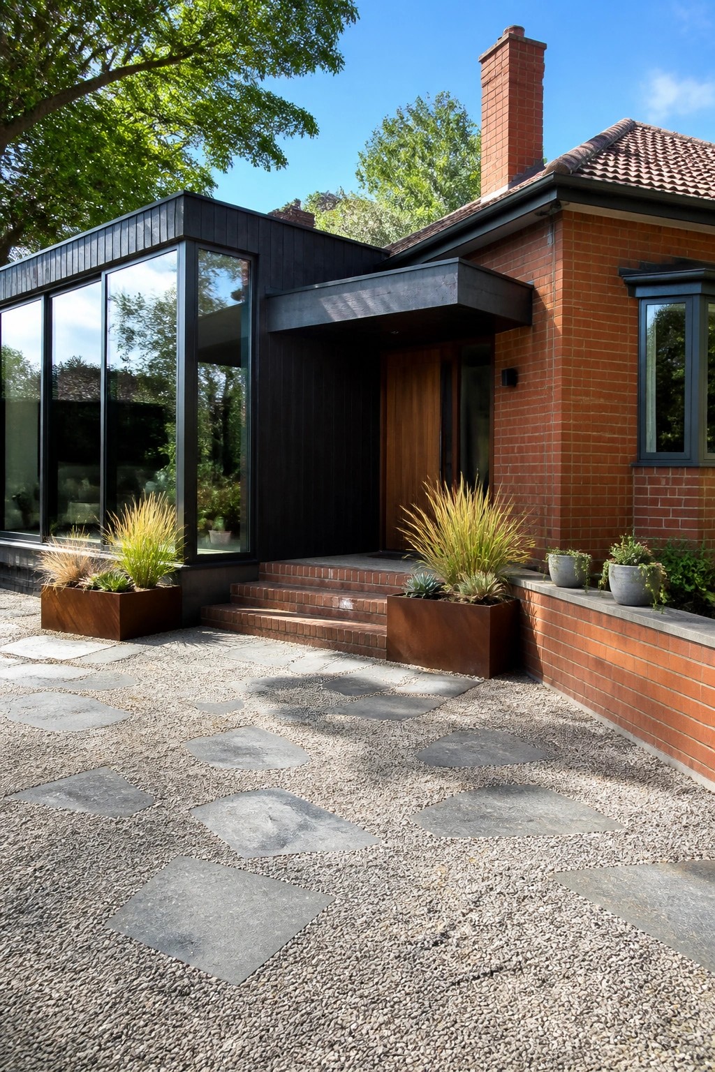 Modern red brick house with black accents, wooden door, and gravel stepping-stone path