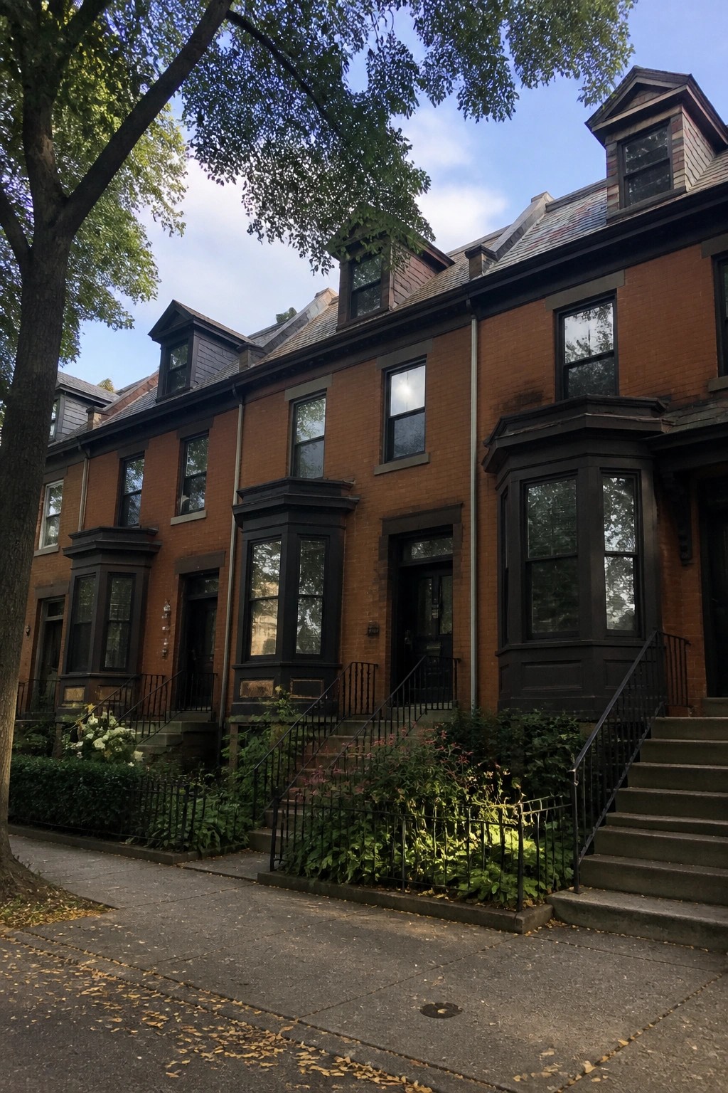 A row of orange brick townhouses with dark window frames, bay windows, and front steps along a sidewalk.