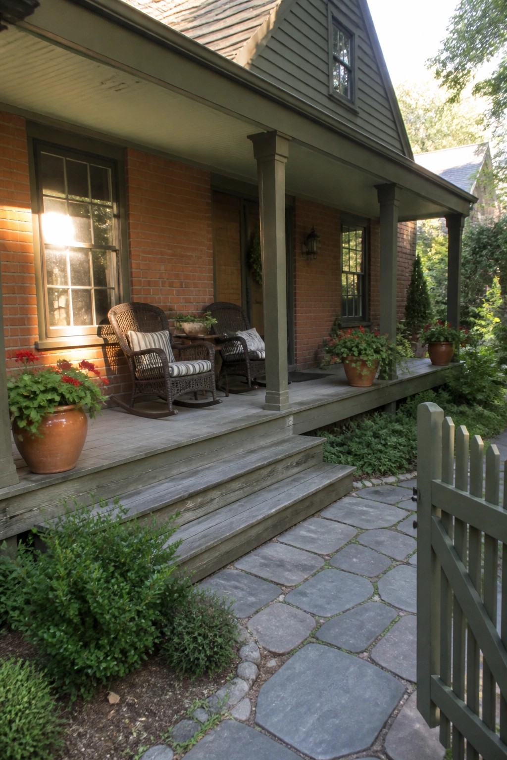 Front view of an orange brick house with dark-framed windows, a covered wooden porch with columns, rocking chairs, and potted plants along the steps and walkway.