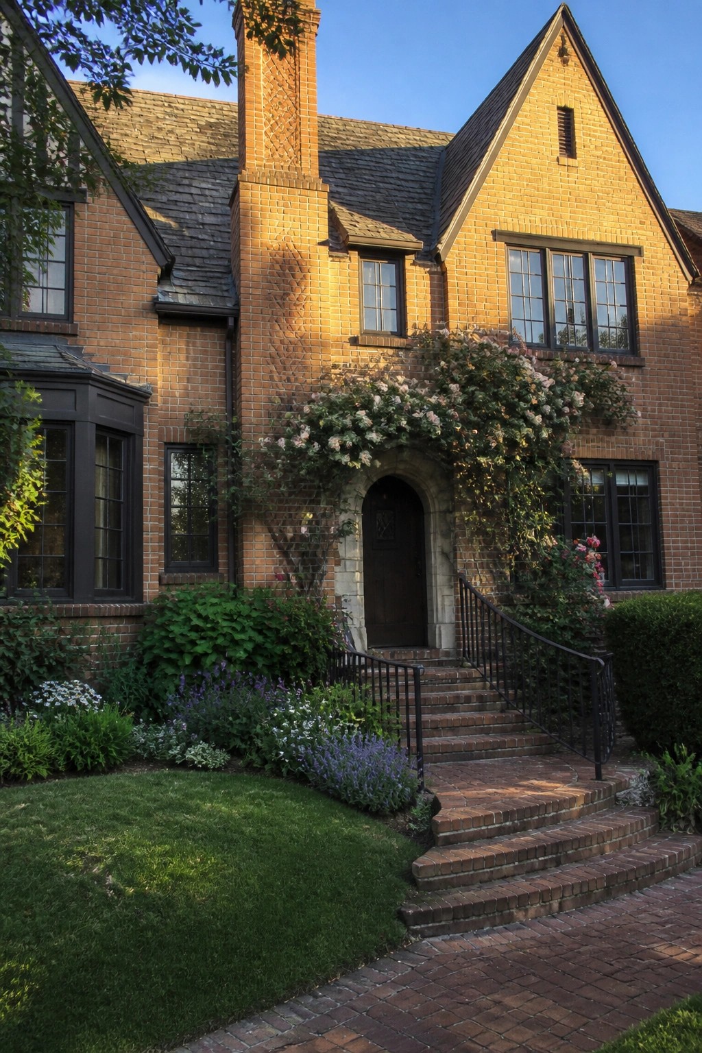 Brick house with arched doorway, brick steps, black railings, and blooming roses