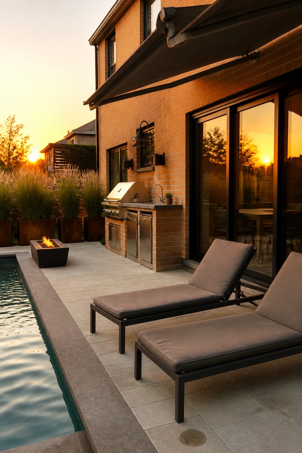 Modern patio with lounge chairs, outdoor kitchen, pool, and fire pit at sunset