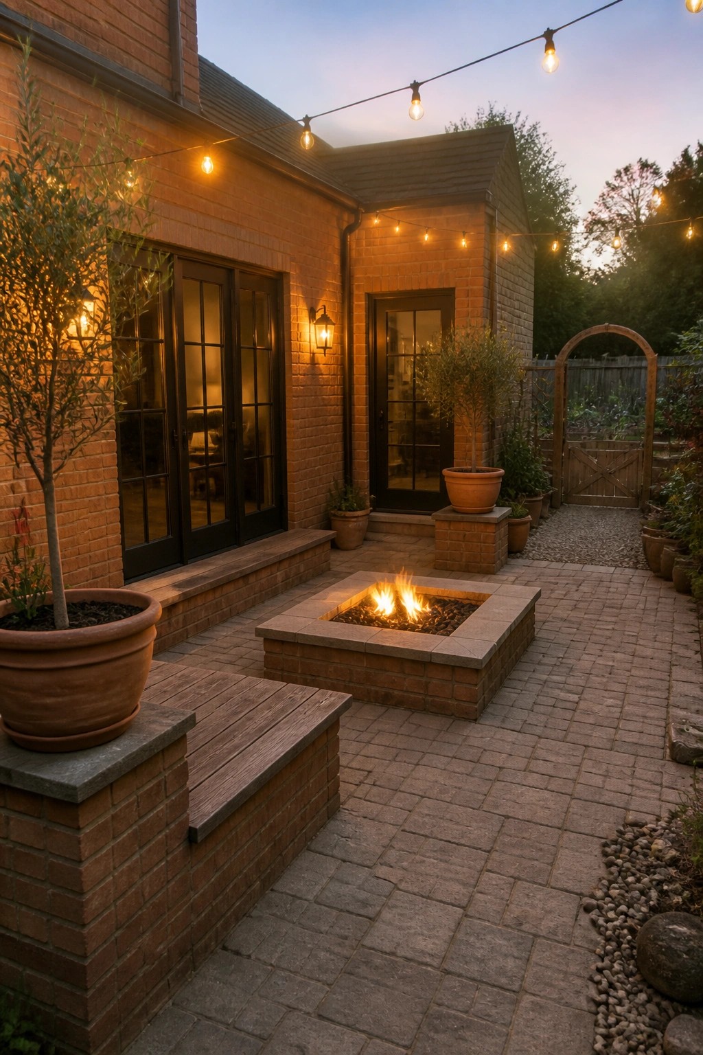 Brick patio with glowing fire pit, string lights, and potted plants at dusk.