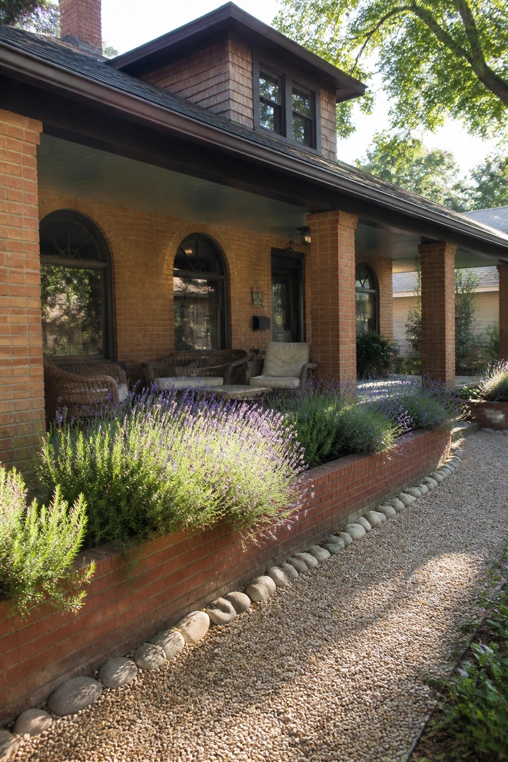 Front view of an orange brick house with dark bronze windows, arched openings, a covered porch with brick columns, and a raised brick planter bed with lavender and gravel path.