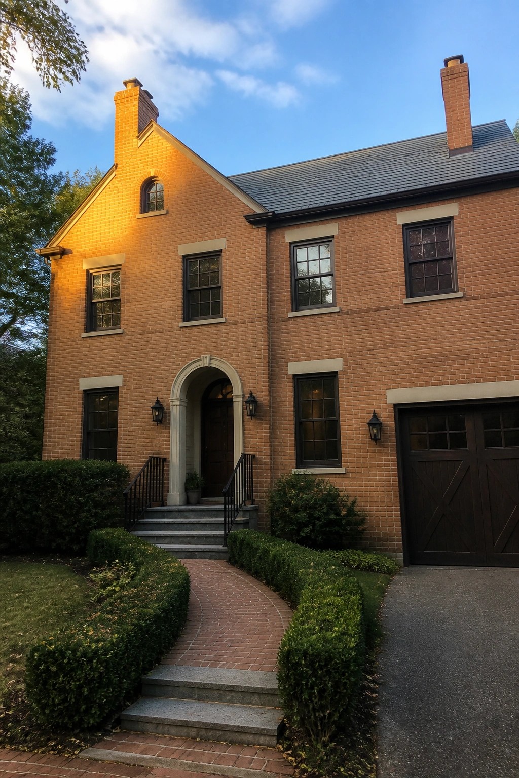 A two-story orange brick house with dark-framed windows, a dark wood garage door, and a curved stone entry with steps.