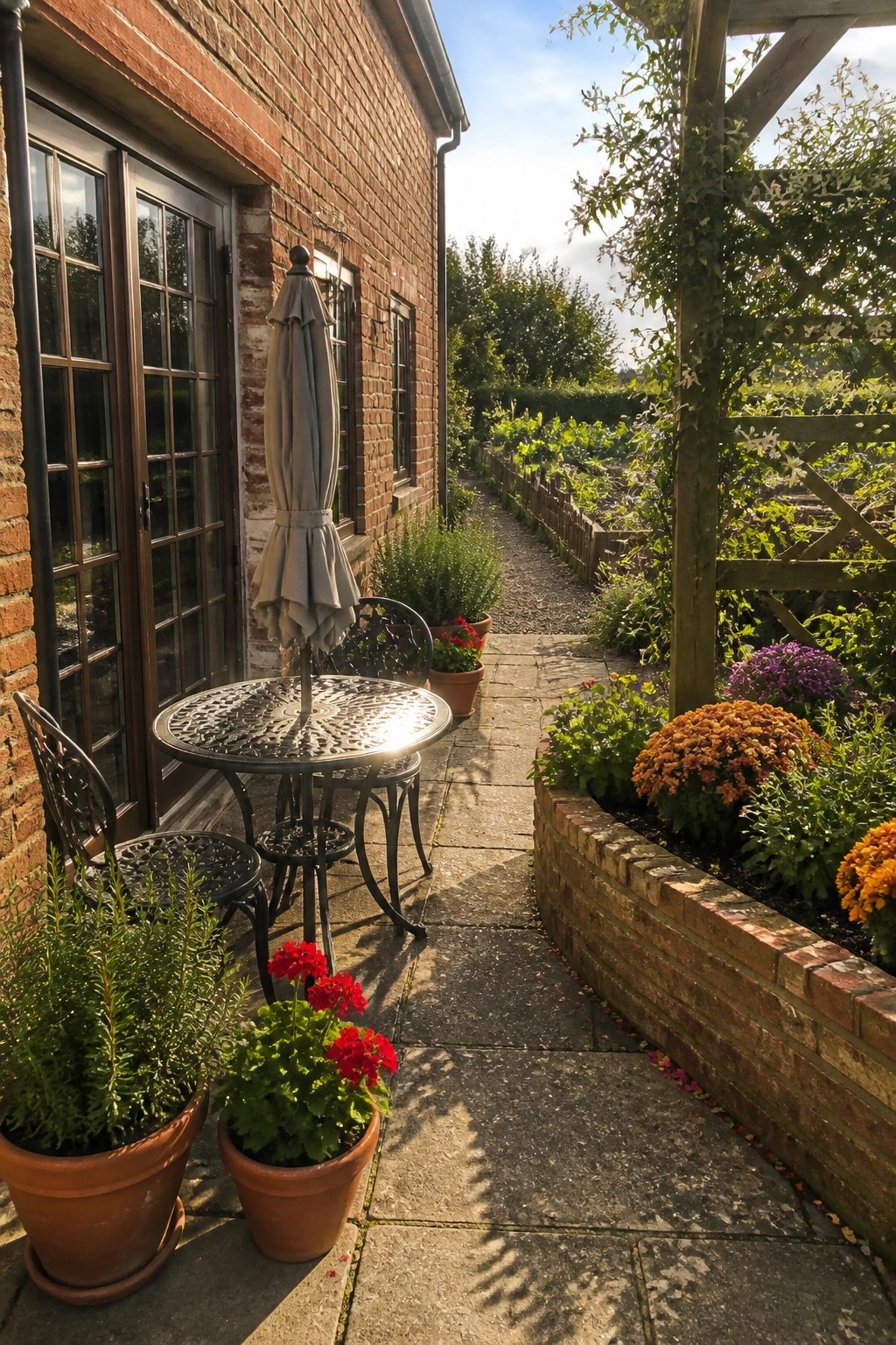 A stone patio with a round metal table and two chairs next to a brick house with dark-framed glass doors, potted plants, and a garden path alongside.