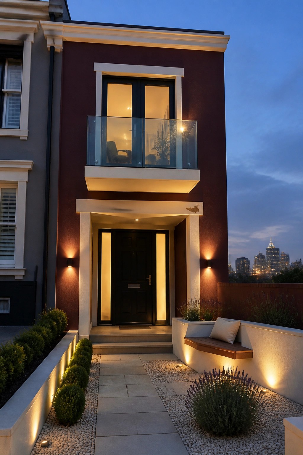 A maroon house exterior with white trim, black front door, glass balcony railing, and warm exterior lighting at dusk.