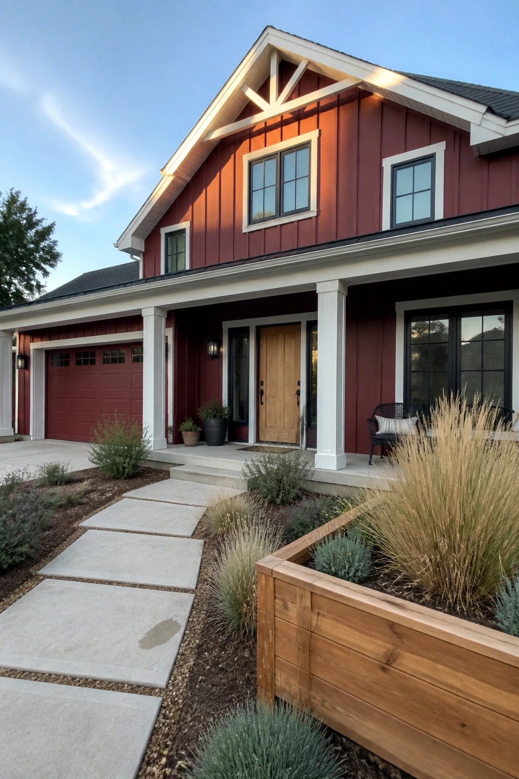 A two-story house with maroon siding, white trim and columns, a wooden front door, and a concrete walkway leading to the porch.