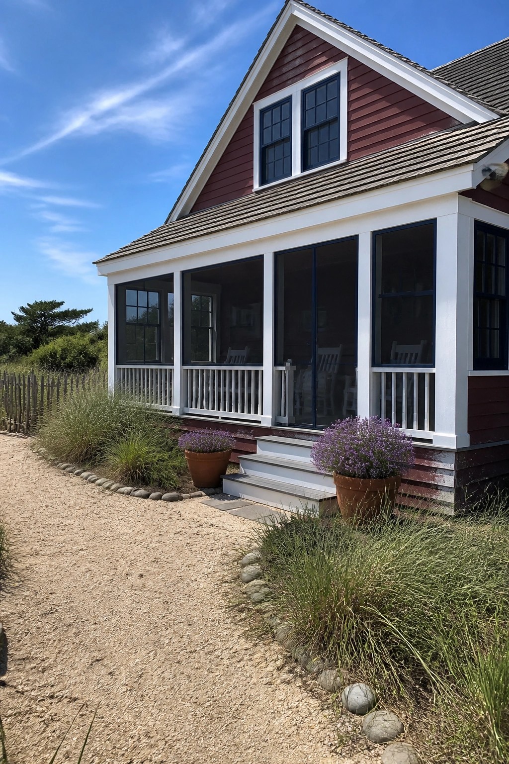 A two-story maroon house with white trim, a screened porch, white steps, and two terracotta pots with purple flowers at the entrance.