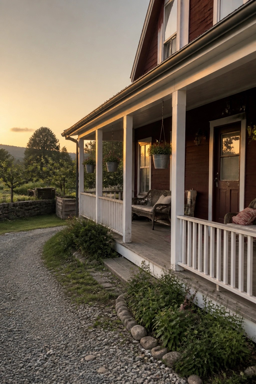 A maroon house with white trim and columns, featuring a wooden porch with wicker furniture and hanging planters at sunset.