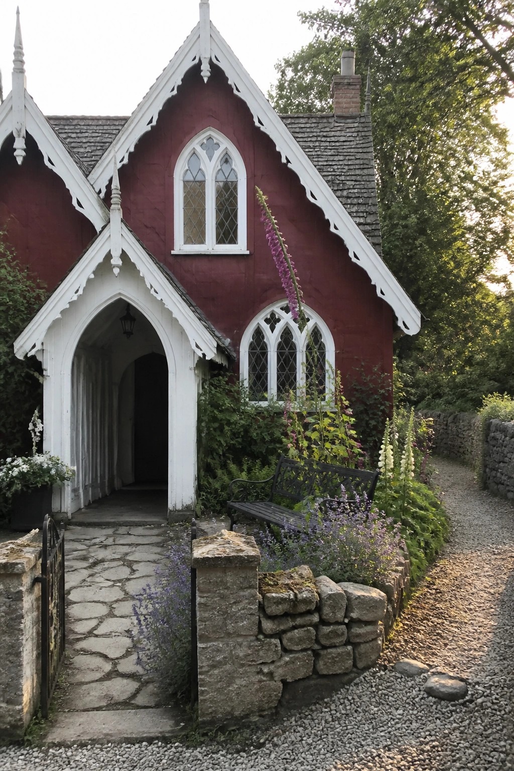 Red Gothic cottage with white trim, arched doorway, bench, and blooming garden.