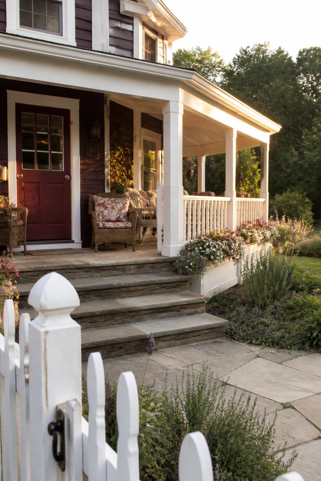 A maroon-sided house with a red door, white trim, white porch columns, stone steps, and flower boxes along the porch.