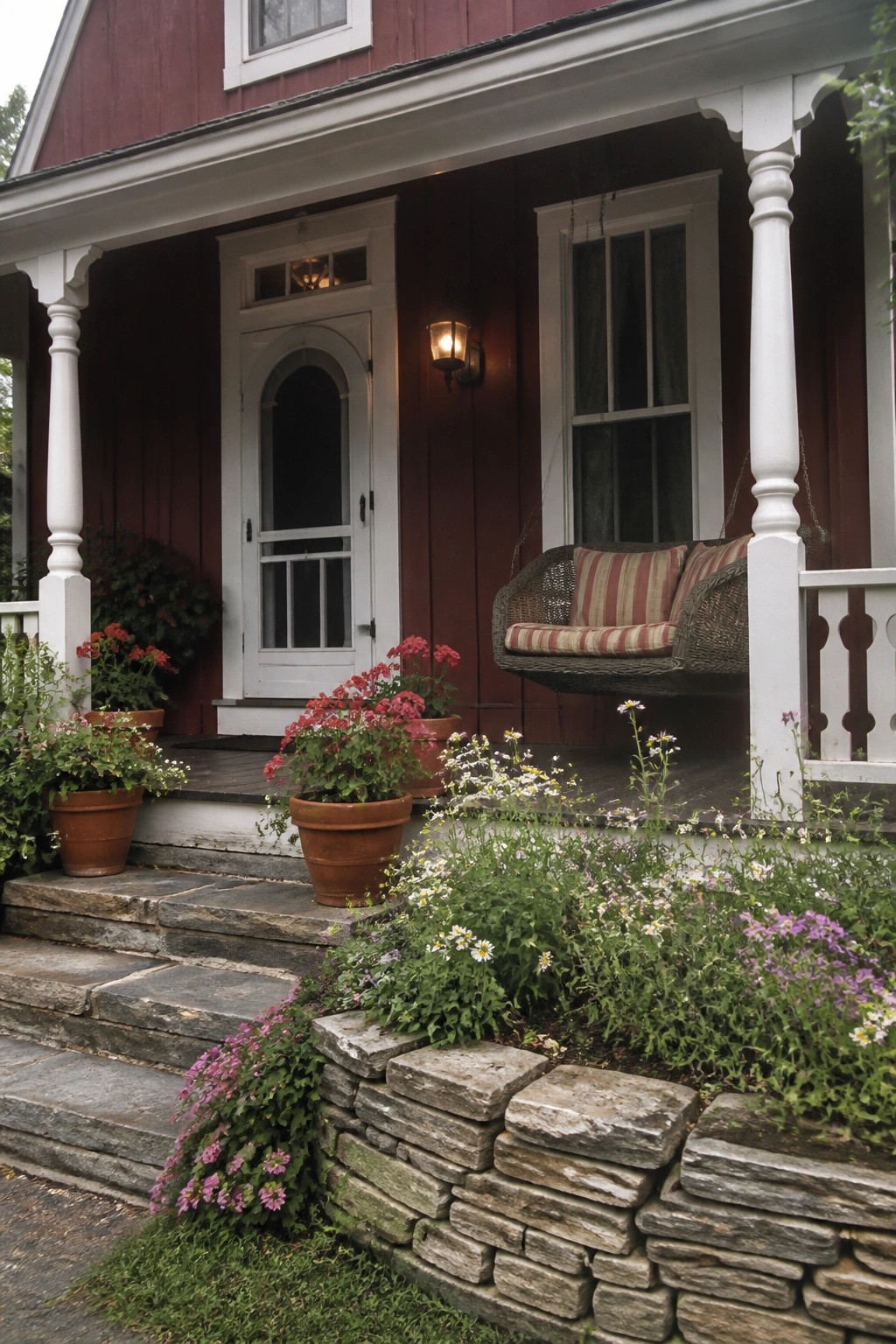 Red house porch with hanging wicker swing, potted flowers, and stone steps.