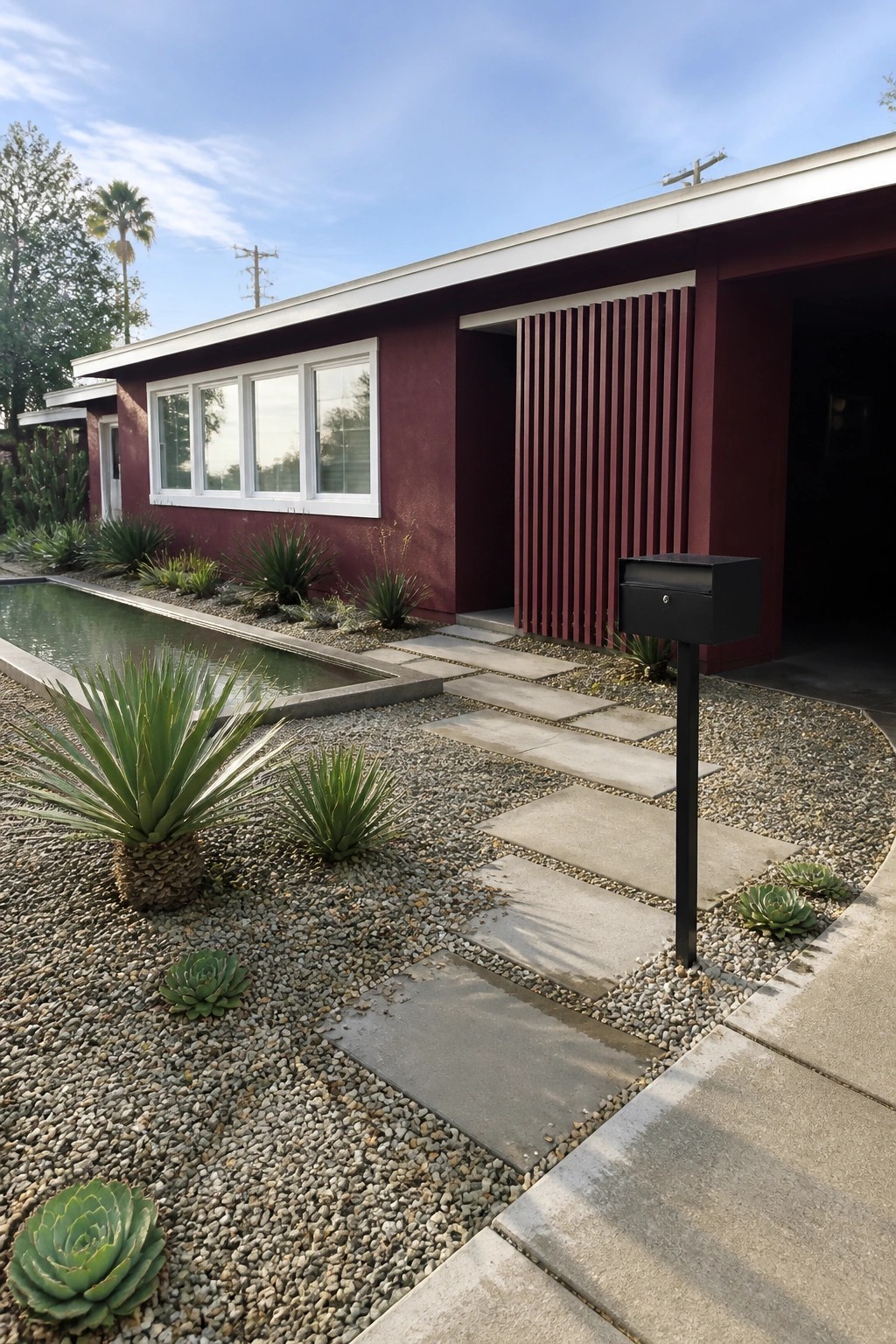 Modern maroon house with gravel garden, succulents, pond, and concrete path.
