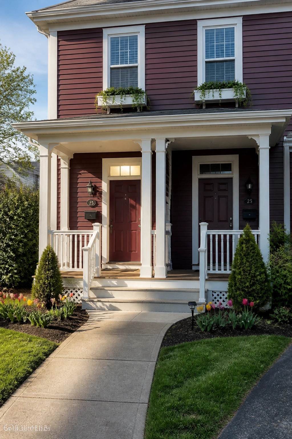 Purple two-story house with white porch, dual red doors, and tulip garden