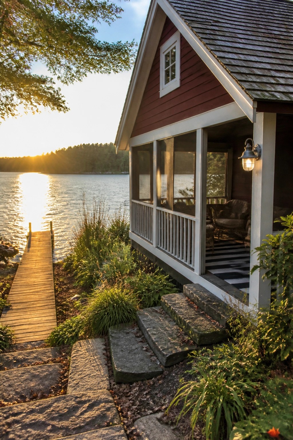 A maroon house with white trim and a screened porch sits next to a lake with a wooden dock and stone steps.