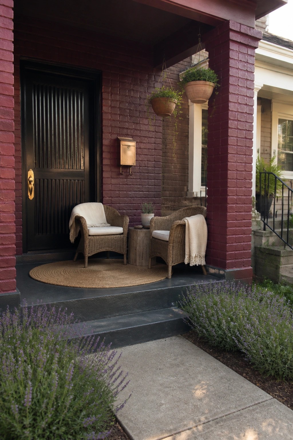 A front porch with burgundy painted brick, a black door, two wicker chairs on a round jute rug, and hanging terracotta planters.