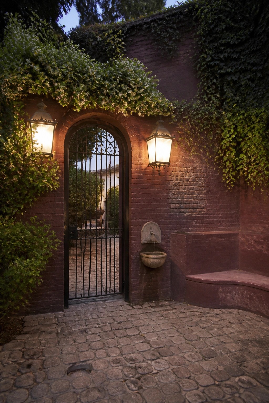 A cobblestone path leads through a red brick archway with a black metal gate, wall lanterns on either side, and a small fountain built into the wall to the right.