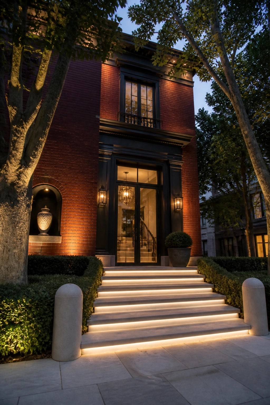 Illuminated steps ascend to open black doors of red brick building at dusk.