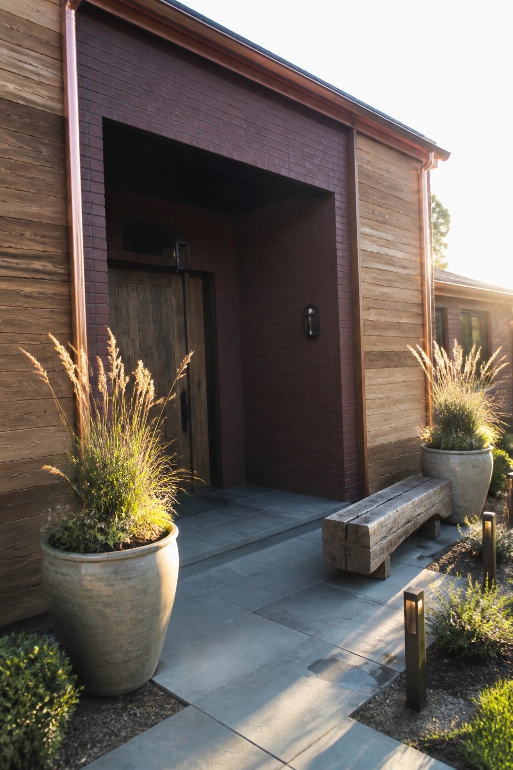 A front entry with dark burgundy brick walls, a wooden door, wood siding on the right, large planters, and a wooden bench on a stone path.